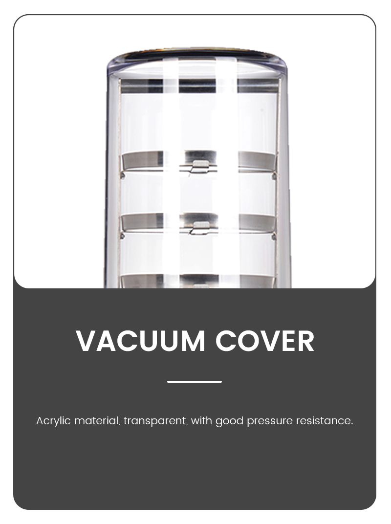 Infographic of a transparent acrylic vacuum cover for a laboratory freeze dryer, highlighting its high pressure resistance and clear visibility.